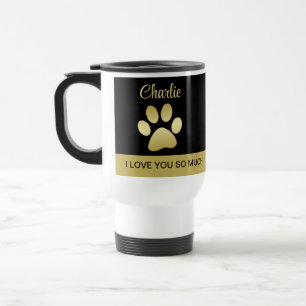 Gold Shiny Dog Paw auf schwarzem Hintergrund Reisebecher