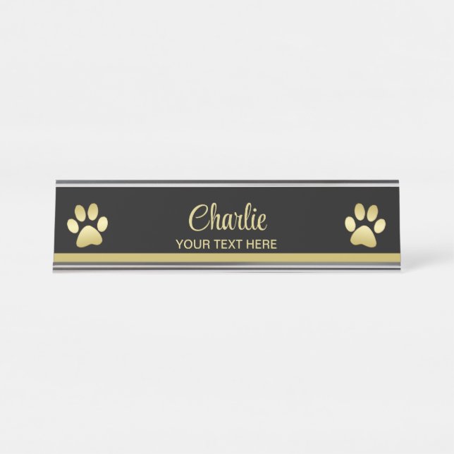 Gold Shiny Dog Paw auf schwarzem Hintergrund Schreibtischnamensplakette (Vorderseite )