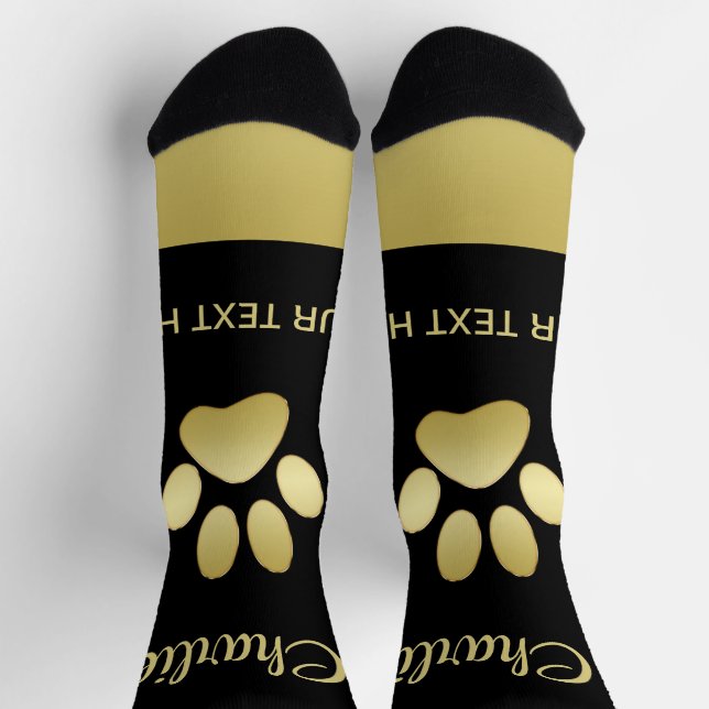 Gold Shiny Dog Paw auf schwarzem Hintergrund Socken (Oben)