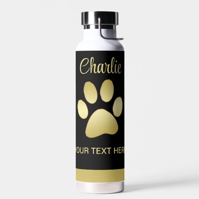 Gold Shiny Dog Paw auf schwarzem Hintergrund Trinkflasche (Links)