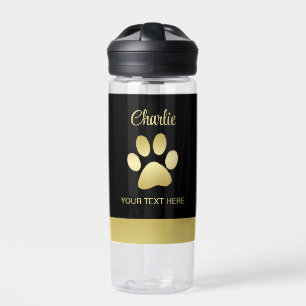 Gold Shiny Dog Paw auf schwarzem Hintergrund Trinkflasche
