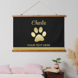 Gold Shiny Dog Paw auf schwarzem Hintergrund Wandteppich Mit Holzrahmen