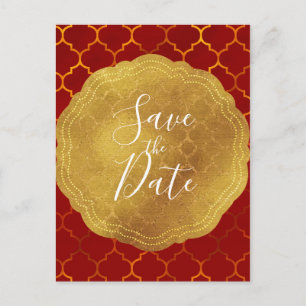 Gold-Siegel-Folie Feuerrotes Indisch Save-the-Date Ankündigungspostkarte
