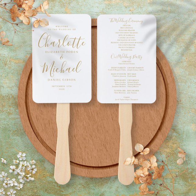 Gold Signature Script Hochzeitsprogramm Hand Fan Fächer (Gold Signature Script Wedding Program Hand Fan)