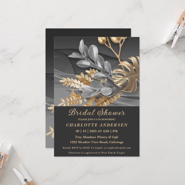 Gold & Silber Botanische Brautdusche Einladung (Vorderseite/Rückseite Beispiel)