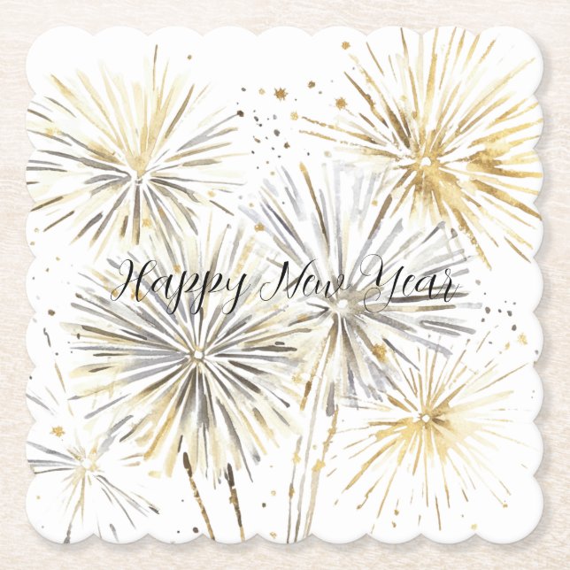 Gold Silber Feuerwerk Silvester oder Neujahr Untersetzer (Vorderseite)