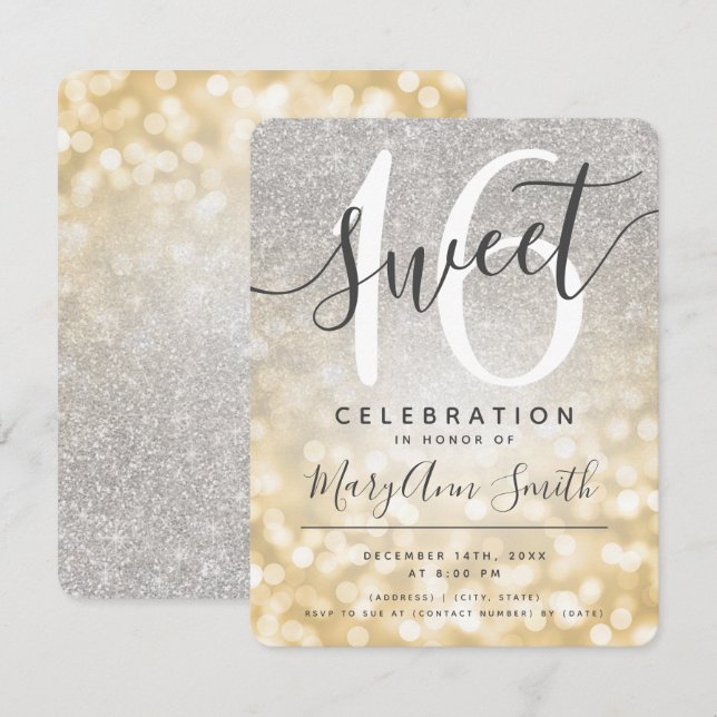 Gold & Silber Glitzer Lights Sweet 16.  Einladung (Vorne/Hinten)