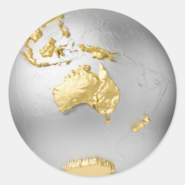 Gold, silber Globus ohne Wasser. Australia. 3d Runder Aufkleber (Vorderseite)