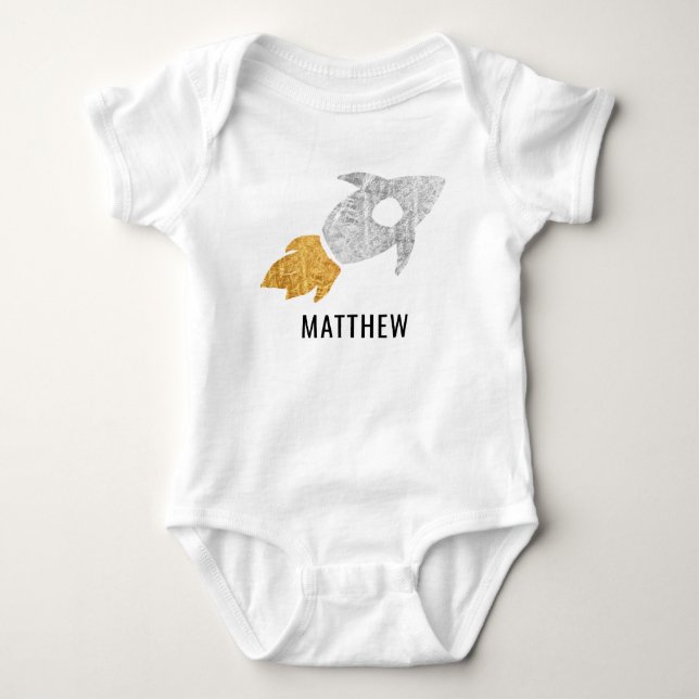 Gold Silber Personalisierte Rakete Weltraumkids Baby Strampler (Vorderseite)