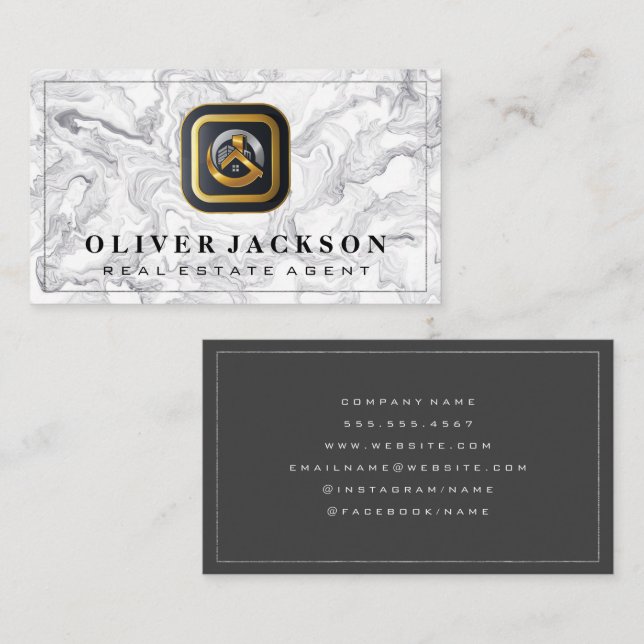 Gold Silber Real Anwesen Logo | Marmor Visitenkarte (Vorne/Hinten)