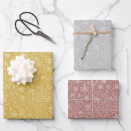 Gold, Silber, Rose Gold Doodle Weihnachtsmuster Geschenkpapier Set