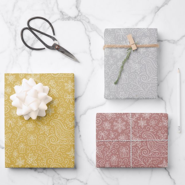 Gold, Silber, Rose Gold Doodle Weihnachtsmuster Geschenkpapier Set (Vorderseite)