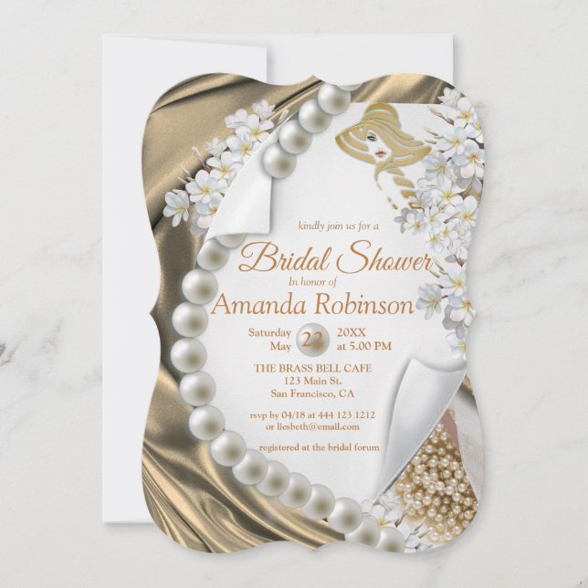 Gold Silk & Ivory Pearls Brautparty Einladung (Vorderseite)