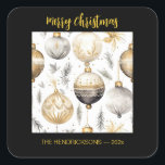 Gold Silver Black Christmas Ornaments Quadratischer Aufkleber<br><div class="desc">In diesem eleganten Vintagen Aquarellmuster sind die Weihnachtsschmuck aus Gold, Silber und Schwarz zu sehen. Wir denken, dass sie auf diesen schwarzen, grenzenlosen Ferienaufklebern elegant aussehen. Sie können den Gruß "Frohe Weihnachten", die in einer goldenen Farbe, die mit den Design-Elementen passt. Denken Sie auch daran, das Beispiel "von" Namen und...</div>