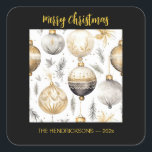 Gold Silver Black Christmas Ornaments Quadratischer Aufkleber<br><div class="desc">In diesem eleganten Vintagen Aquarellmuster sind die Weihnachtsschmuck aus Gold, Silber und Schwarz zu sehen. Wir denken, dass sie auf diesen schwarzen, grenzenlosen Ferienaufklebern elegant aussehen. Sie können den Gruß "Frohe Weihnachten", die in einer goldenen Farbe, die mit den Design-Elementen passt. Denken Sie auch daran, das Beispiel "von" Namen und...</div>