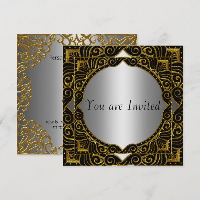 Gold Silver Black Retro Party Einladung (Vorne/Hinten)