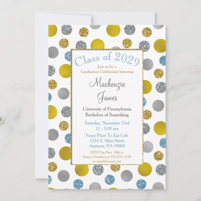 Gold Silver Blue Dots Graduation Invitation (Devant)