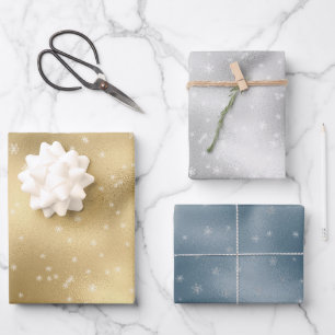 Gold Silver Blue White Snowflakes  Geschenkpapier Set