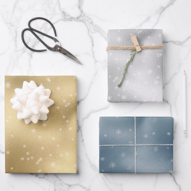 Gold Silver Blue White Snowflakes  Geschenkpapier Set (Vorderseite)