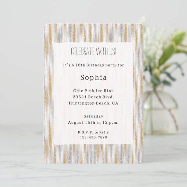 Gold Silver Chic Glam Glitzy Stripes Birthday Einladung (Stehend Vorderseite)