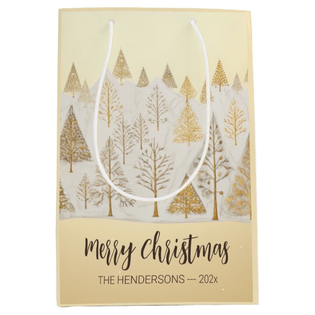 Gold Silver Christmas Pine Trees Geschenktasche Mittlere Geschenktüte (Vorderseite)