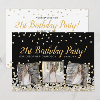 Gold Silver Confetti FotoCollage 21. Geburtstag Einladung