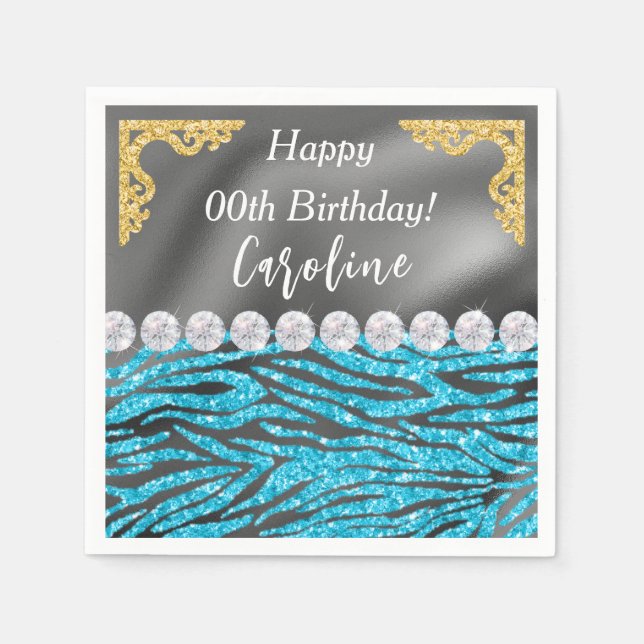 Gold Silver Foil & Light Blue Zebra Print Birthday Serviette (Vorderseite)
