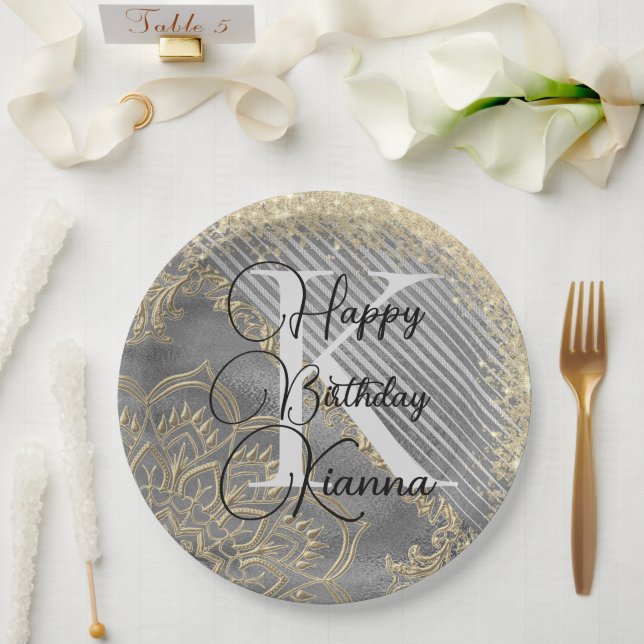 Gold SIlver Glitzer Mandala Monogram Birthday Pappteller (Hochzeit)