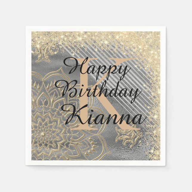 Gold Silver Glitzer Mandala Monogram Birthday Serviette (Vorderseite)