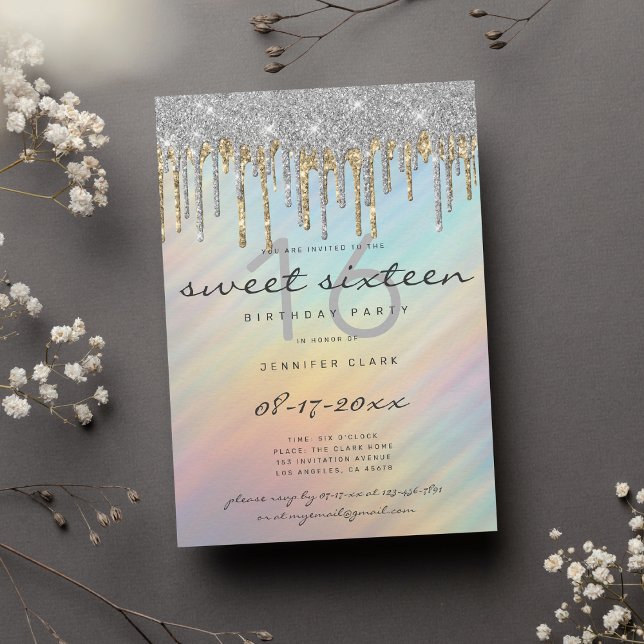 Gold Silver Glitzer Tropfen Holographic Sweet 16 Einladung (Gold Silver Glitter Drips Holographic Sweet 16)