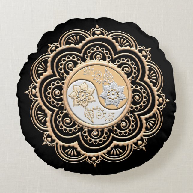 Gold & Silver Mandala Rundes Kissen (Vorderseite)