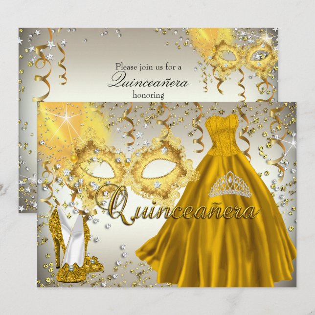 Gold Silver Masquerade Quinceanera Einladung (Vorne/Hinten)