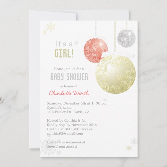 Gold Silver Red Christmas Baby Girl Dusche Einladung (Vorderseite)