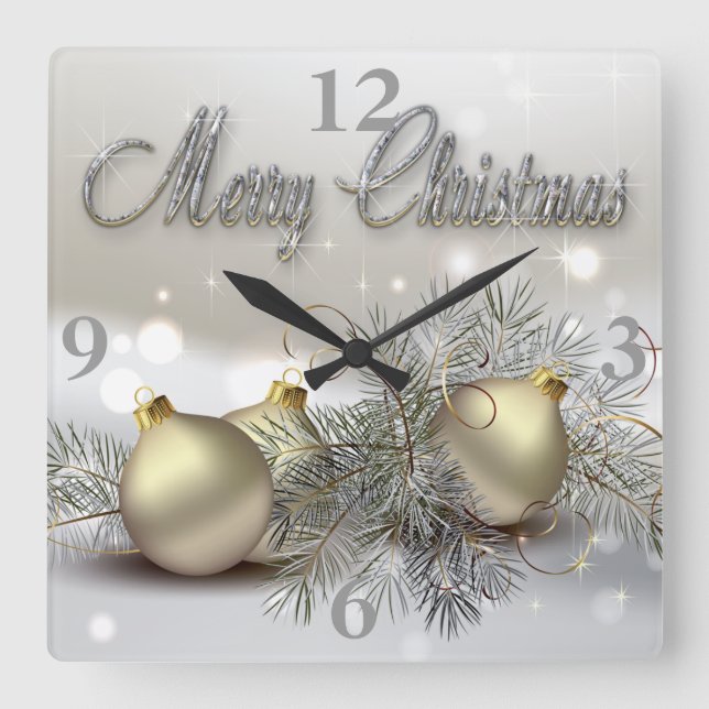Gold & Silver Shimmer Christmas Ornaments Quadratische Wanduhr (Vorderseite)