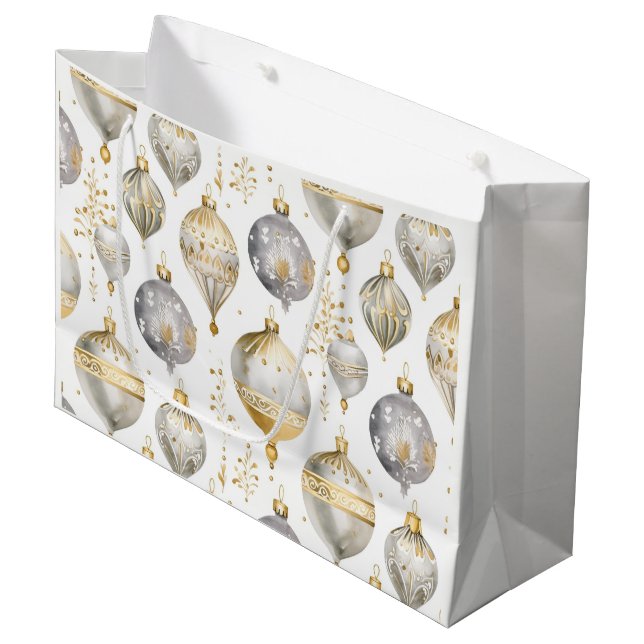 Gold Silver White Christmas Ornaments Geschenktasc Große Geschenktüte (Vorderseite Schrägansicht)