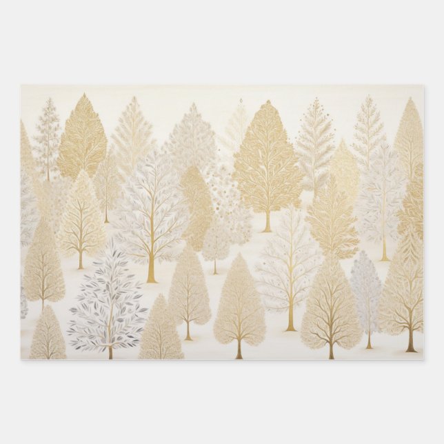 Gold Silver White Christmas Trees Geschenkpapier Set (Vorderseite)