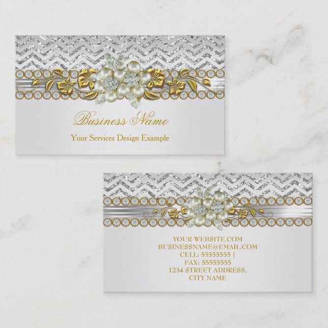 Gold Silver Zickzack White Diamond Pearl Floral Visitenkarte (Vorne/Hinten)