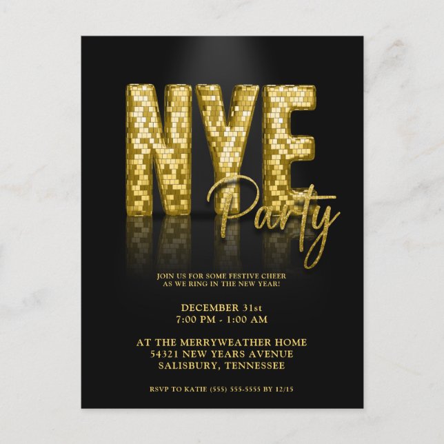 Gold Silvester Disco Party Einladung Postkarte (Vorderseite)