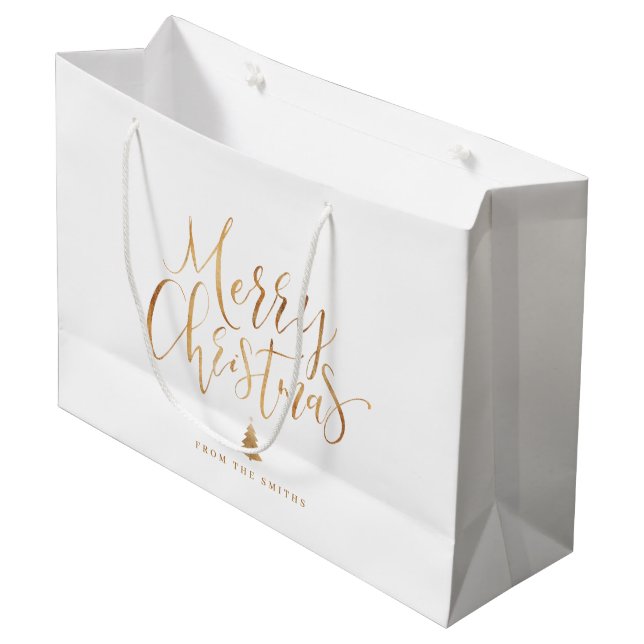 Gold Simple Calligraphy Frohe Weihnachten Große Geschenktüte (Vorderseite Schrägansicht)
