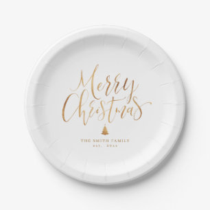 Gold Simple Calligraphy Frohe Weihnachten Pappteller