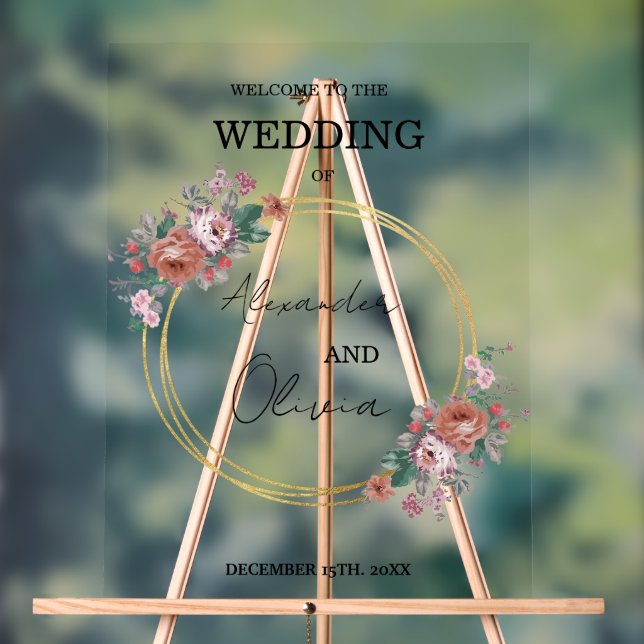 Gold Simple Elegant Floral Wedding / Script Schrif Acrylschild (Neutral)