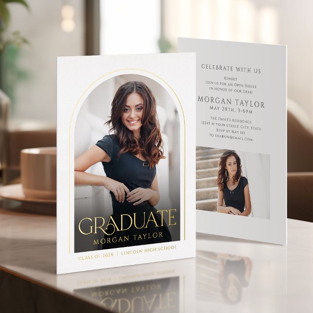 Gold Simple Elegant Script Modern Arch Graduation Folieneinladung (Gold Simple Elegant Script Modern Arch Graduation Foil Invitation)