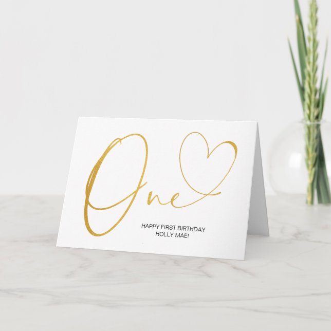 Gold Simple First Birthday One Heart Karte (Vorderseite)