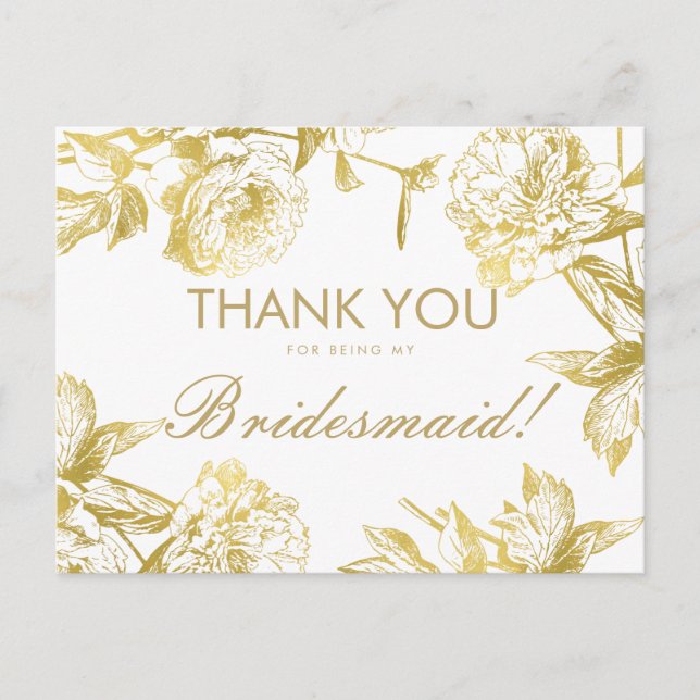 Gold Simple Floral Bridesmaid Vielen Dank Postkarte (Vorderseite)