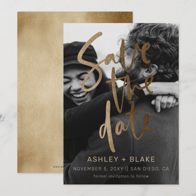 Gold Simple Handwriting Calligraphy Foto Save The Date (Vorne/Hinten)