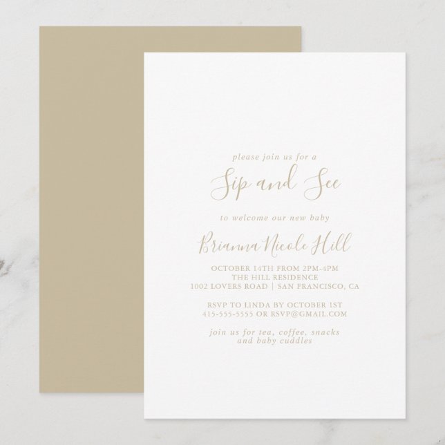 Gold Simple Minimalist Sip and See Invitation (Devant / Derrière)