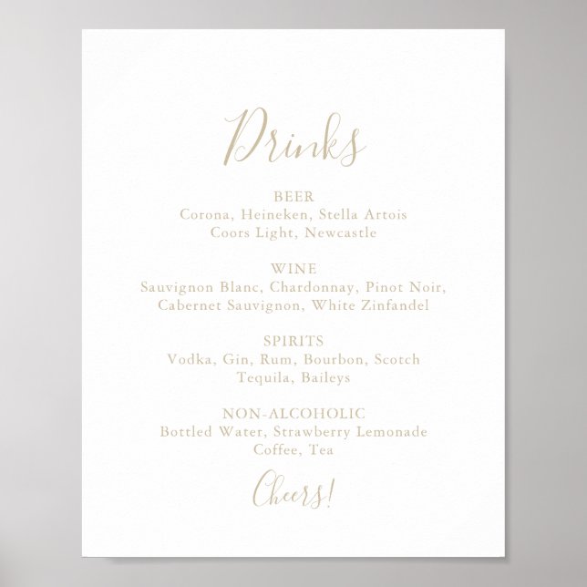 Gold Simple Minimalistisch Wedding Drinks Menu Sig Poster (Vorne)