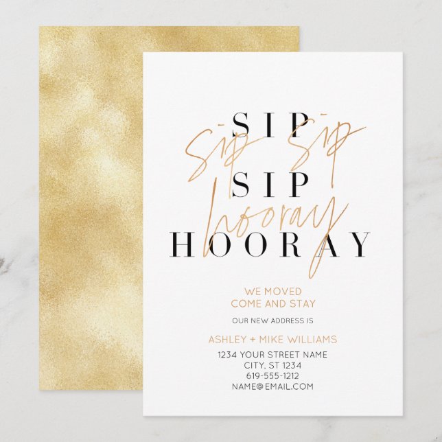 Gold Sip Sip Hooray Champagne Moving Faire-part (Devant / Derrière)