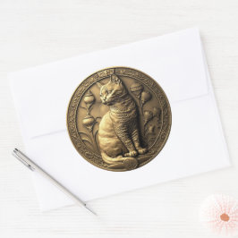 Gold Sitting Cat Medallion Runder Aufkleber