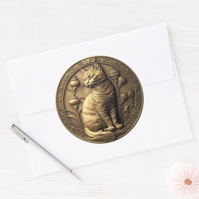 Gold Sitting Cat Medallion Runder Aufkleber (Umschlag)